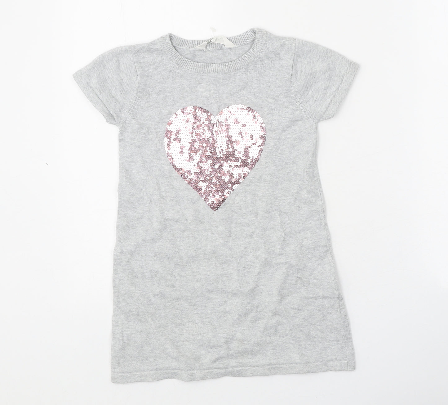 H&M Girls Grey 100% Cotton A-Line Size 3-4 Years Round Neck Pullover - Heart
