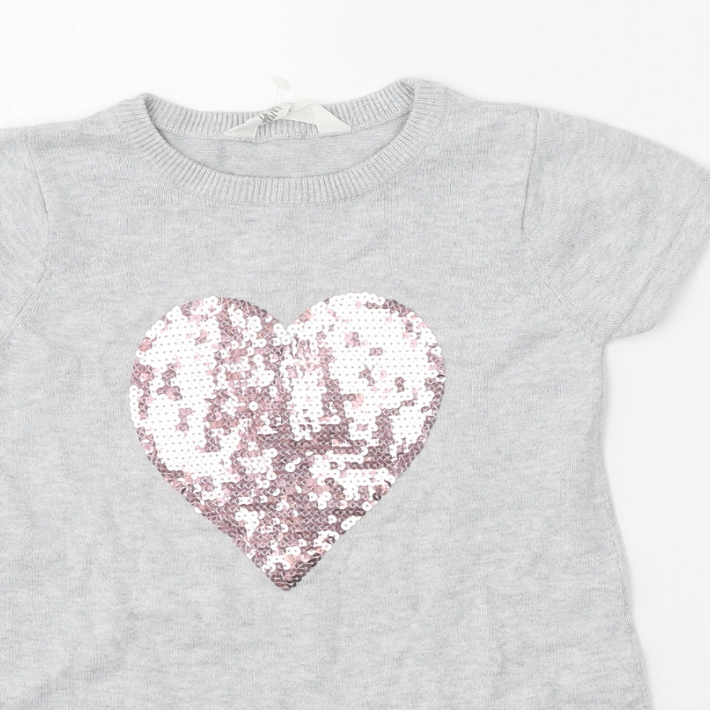 H&M Girls Grey 100% Cotton A-Line Size 3-4 Years Round Neck Pullover - Heart