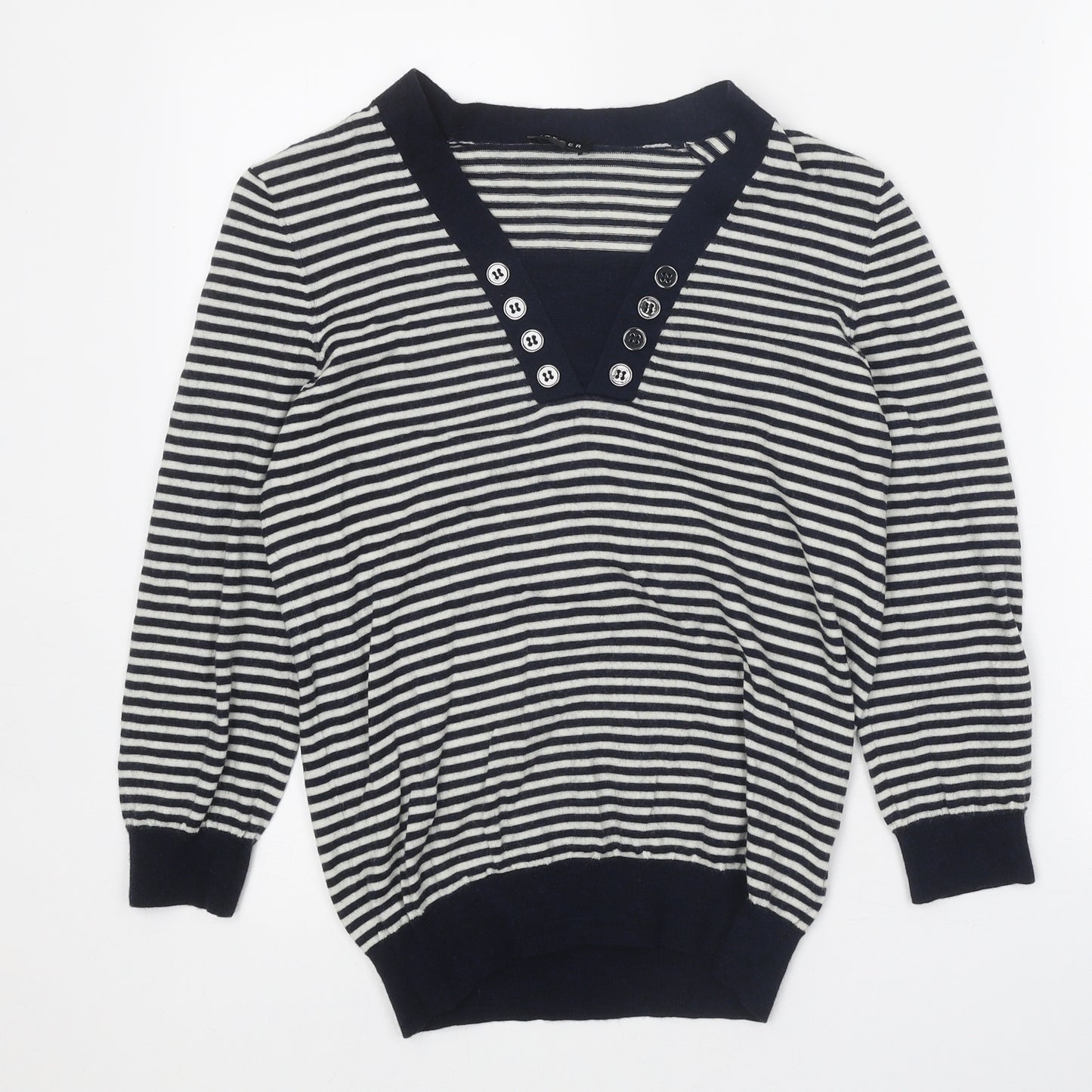 Jaeger Womens Blue V-Neck Striped Wool Pullover Jumper Size M