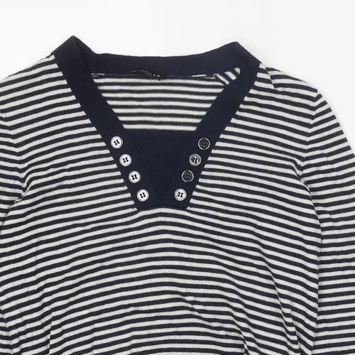 Jaeger Womens Blue V-Neck Striped Wool Pullover Jumper Size M