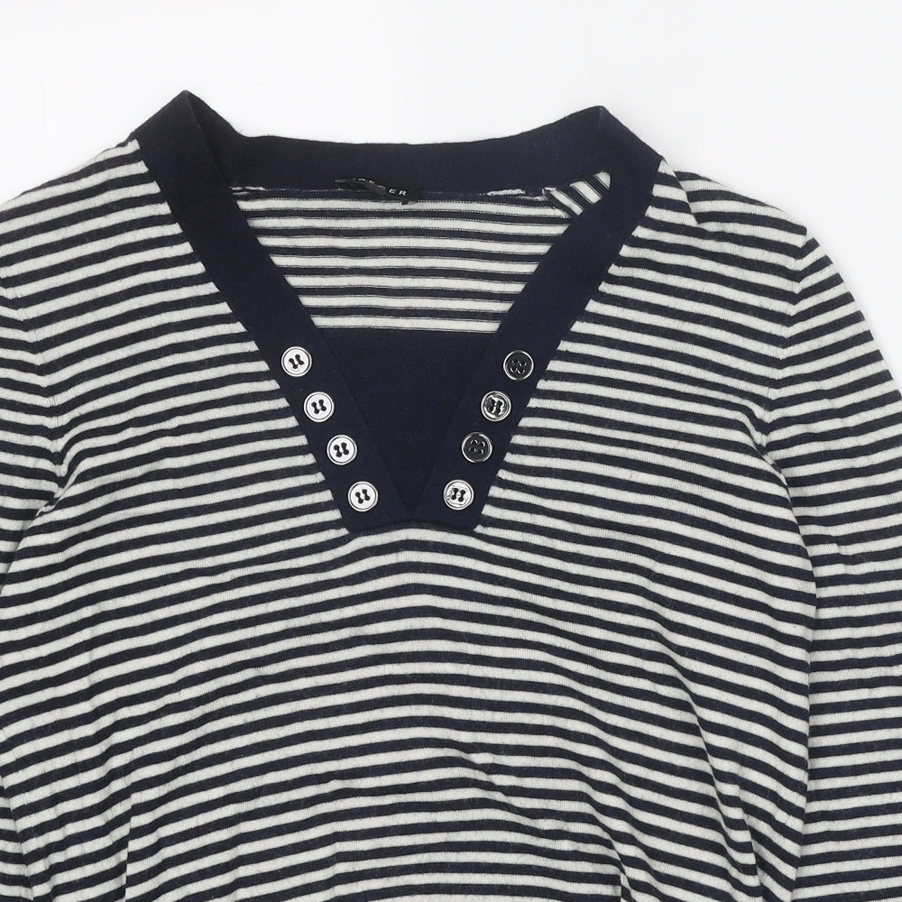 Jaeger Womens Blue V-Neck Striped Wool Pullover Jumper Size M