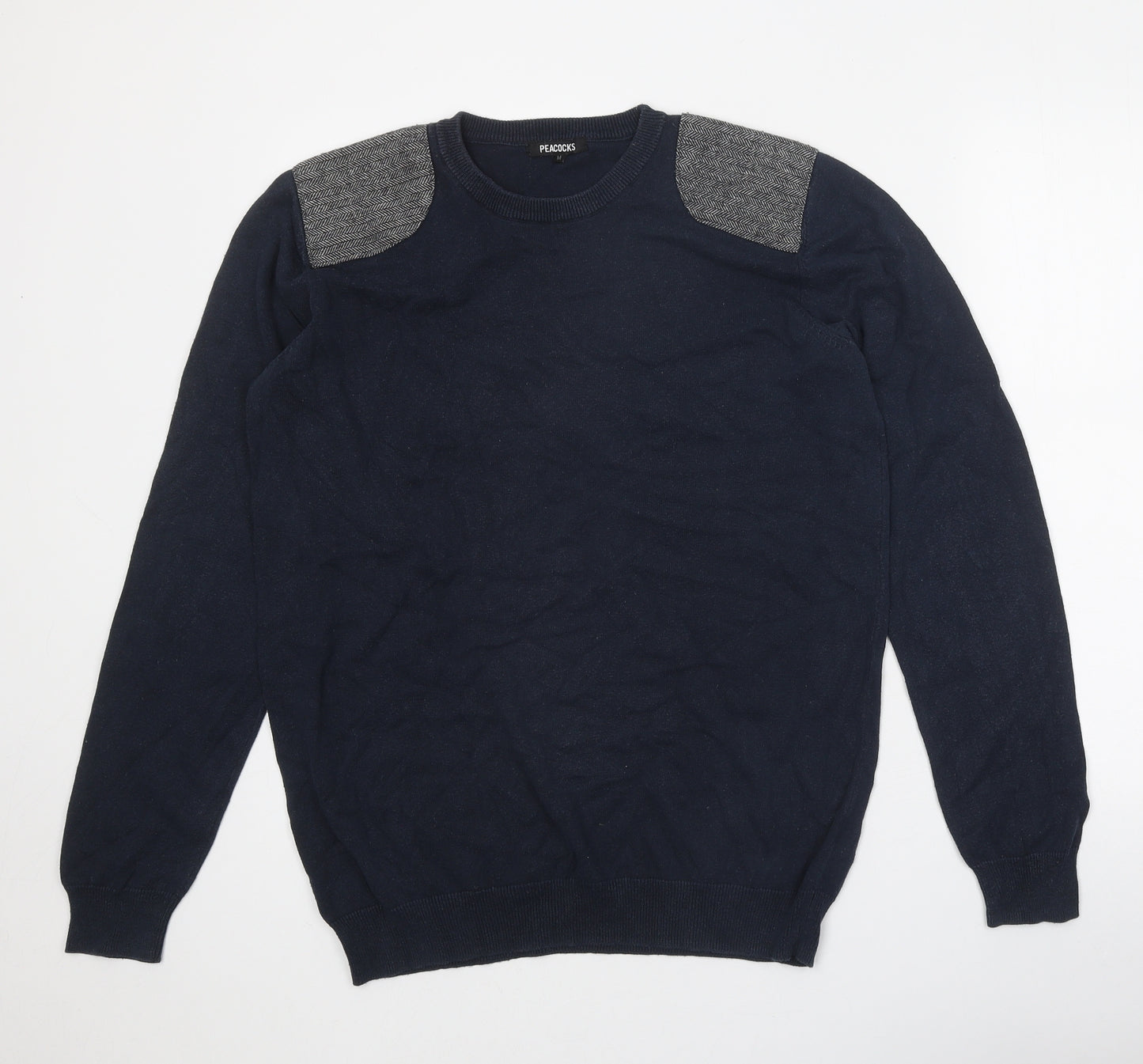 Peacocks Mens Blue Round Neck Cotton Pullover Jumper Size M - Elbow Patches