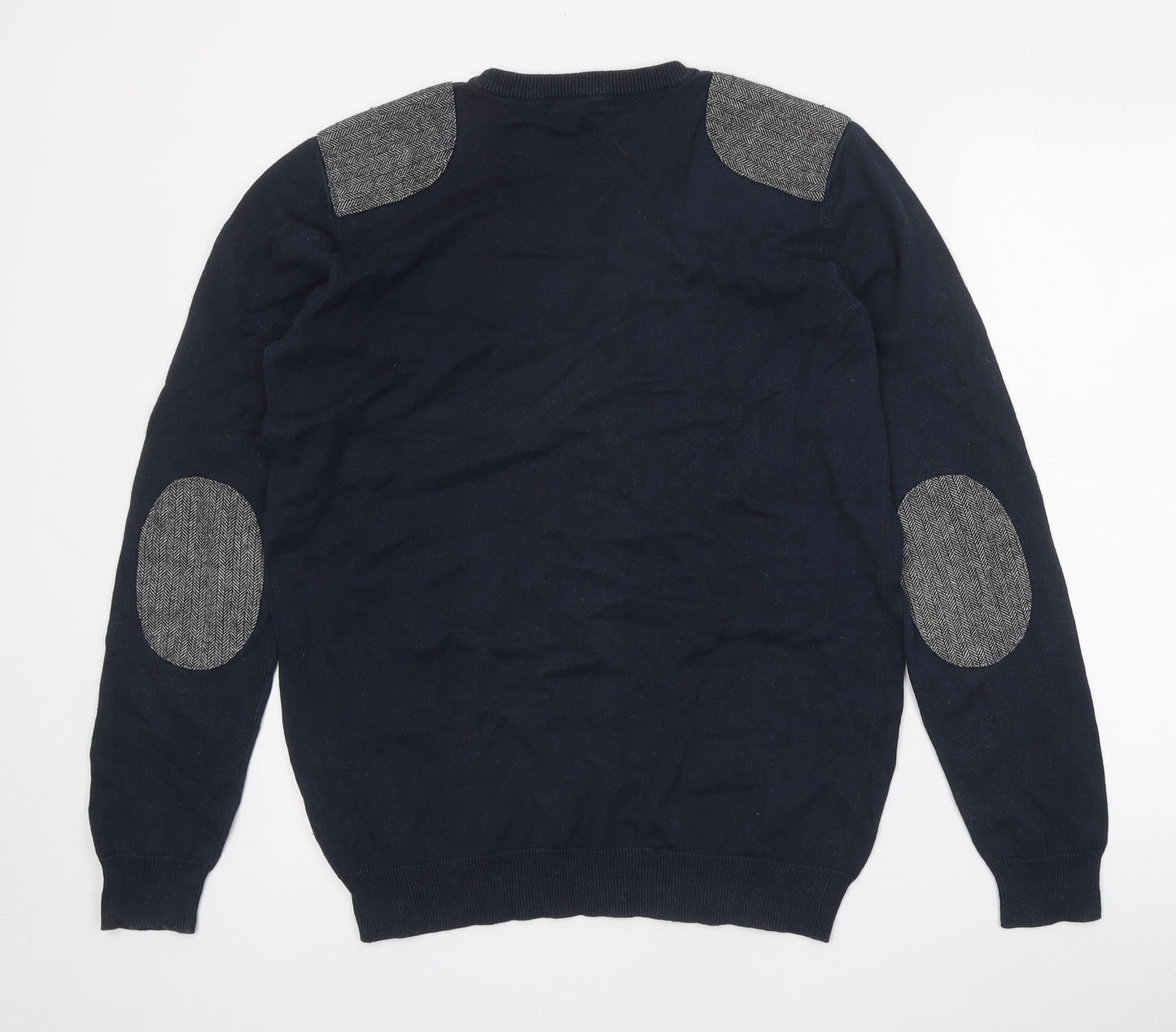 Peacocks Mens Blue Round Neck Cotton Pullover Jumper Size M - Elbow Patches