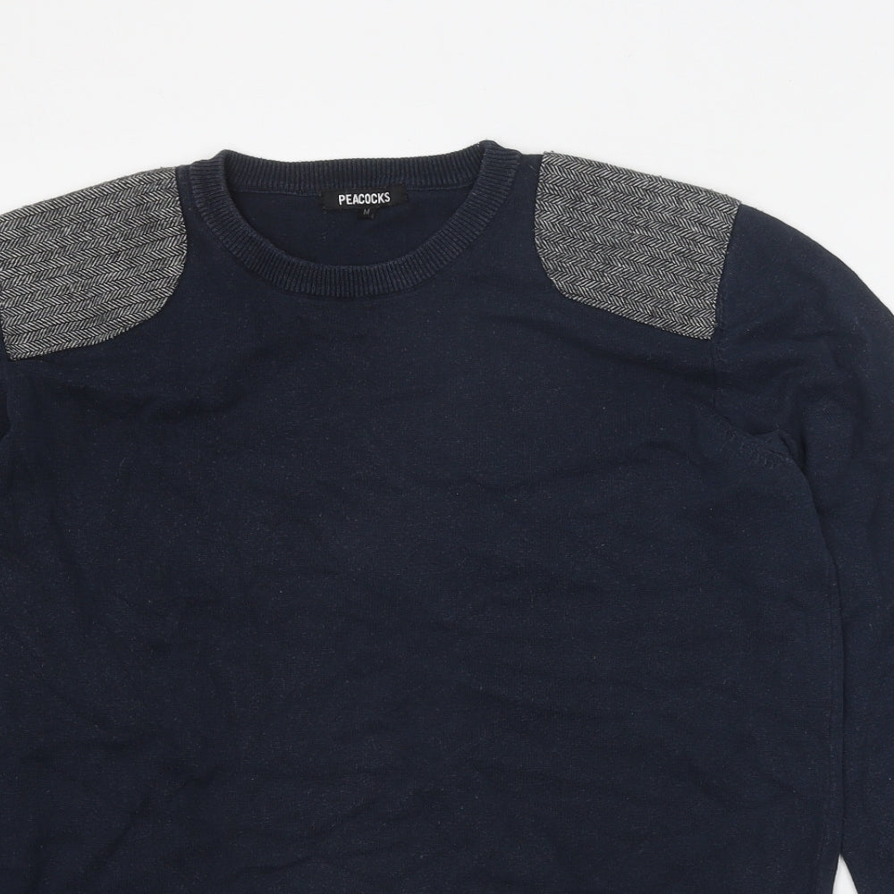 Peacocks Mens Blue Round Neck Cotton Pullover Jumper Size M - Elbow Patches
