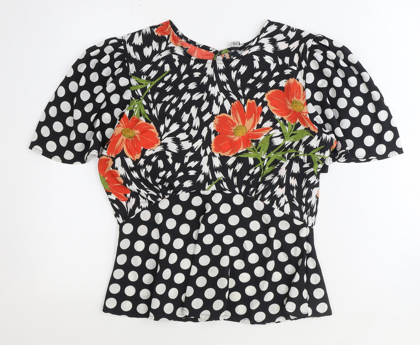 Influence Womens Black Geometric Polyester Cropped T-Shirt Size 12 Round Neck