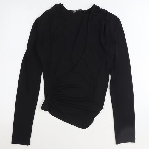 Zara Womens Black Polyester Basic Blouse Size S V-Neck - Side Ruched