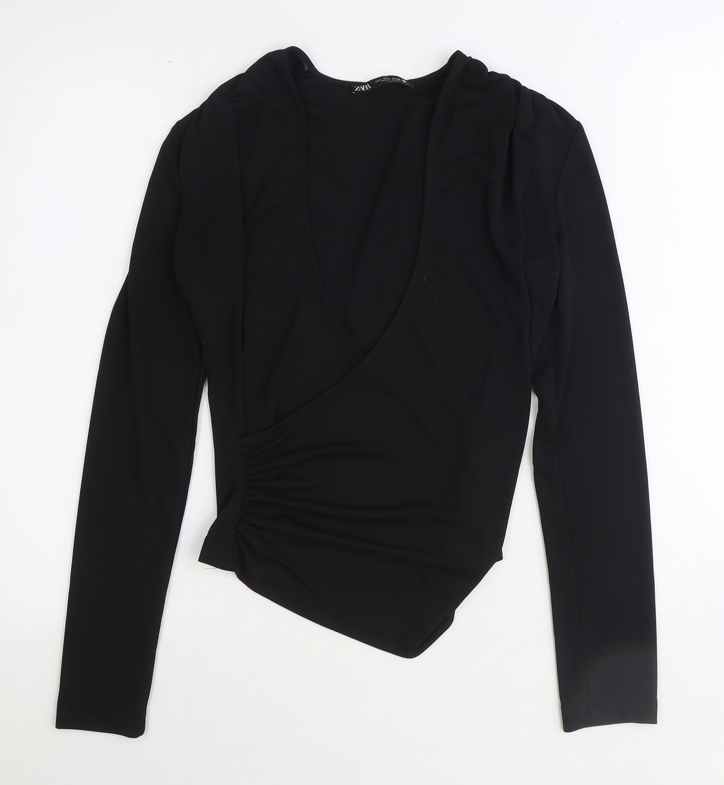 Zara Womens Black Polyester Basic Blouse Size S V-Neck - Side Ruched
