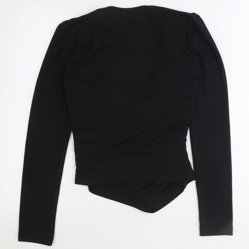 Zara Womens Black Polyester Basic Blouse Size S V-Neck - Side Ruched
