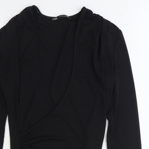 Zara Womens Black Polyester Basic Blouse Size S V-Neck - Side Ruched
