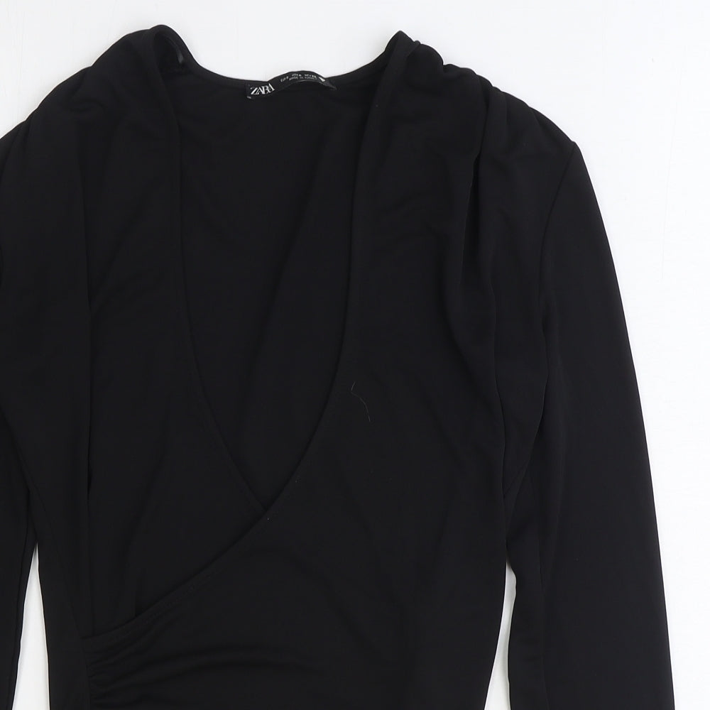 Zara Womens Black Polyester Basic Blouse Size S V-Neck - Side Ruched