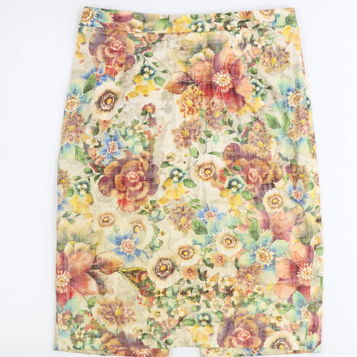 Zara Womens Multicoloured Floral Cotton Straight & Pencil Skirt Size S Zip