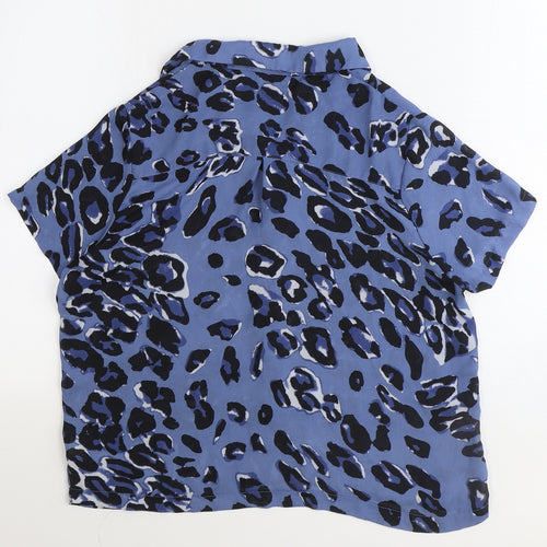 Glamorous Womens Blue Animal Print Polyester Basic Button-Up Size S Collared - Leopard Pattern