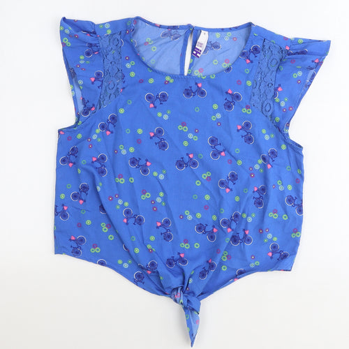 H! By Henry Holland Womens Blue Geometric Polyester Basic T-Shirt Size 10 Scoop Neck - Bicycle Knot Front