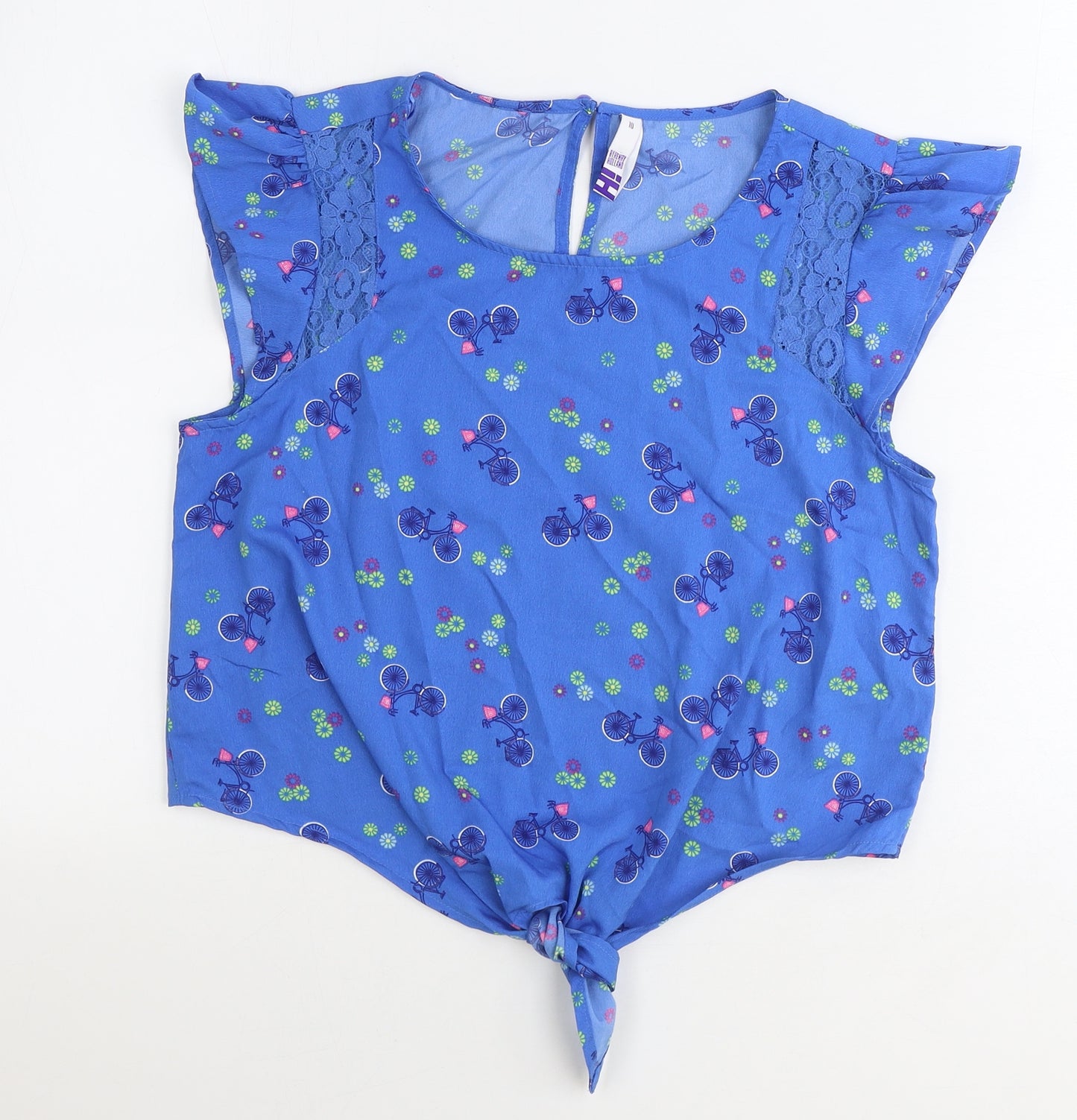 H! By Henry Holland Womens Blue Geometric Polyester Basic T-Shirt Size 10 Scoop Neck - Bicycle Knot Front