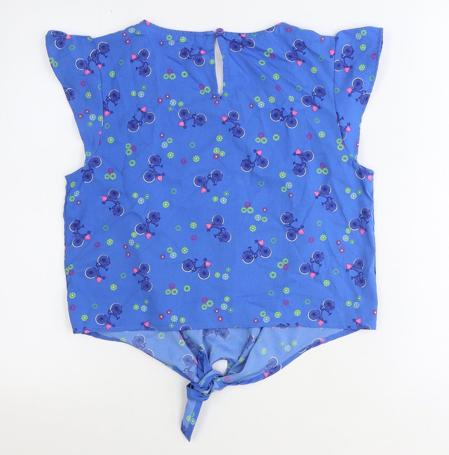 H! By Henry Holland Womens Blue Geometric Polyester Basic T-Shirt Size 10 Scoop Neck - Bicycle Knot Front