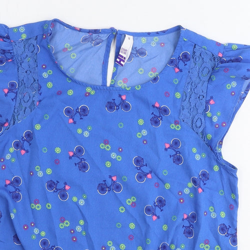 H! By Henry Holland Womens Blue Geometric Polyester Basic T-Shirt Size 10 Scoop Neck - Bicycle Knot Front