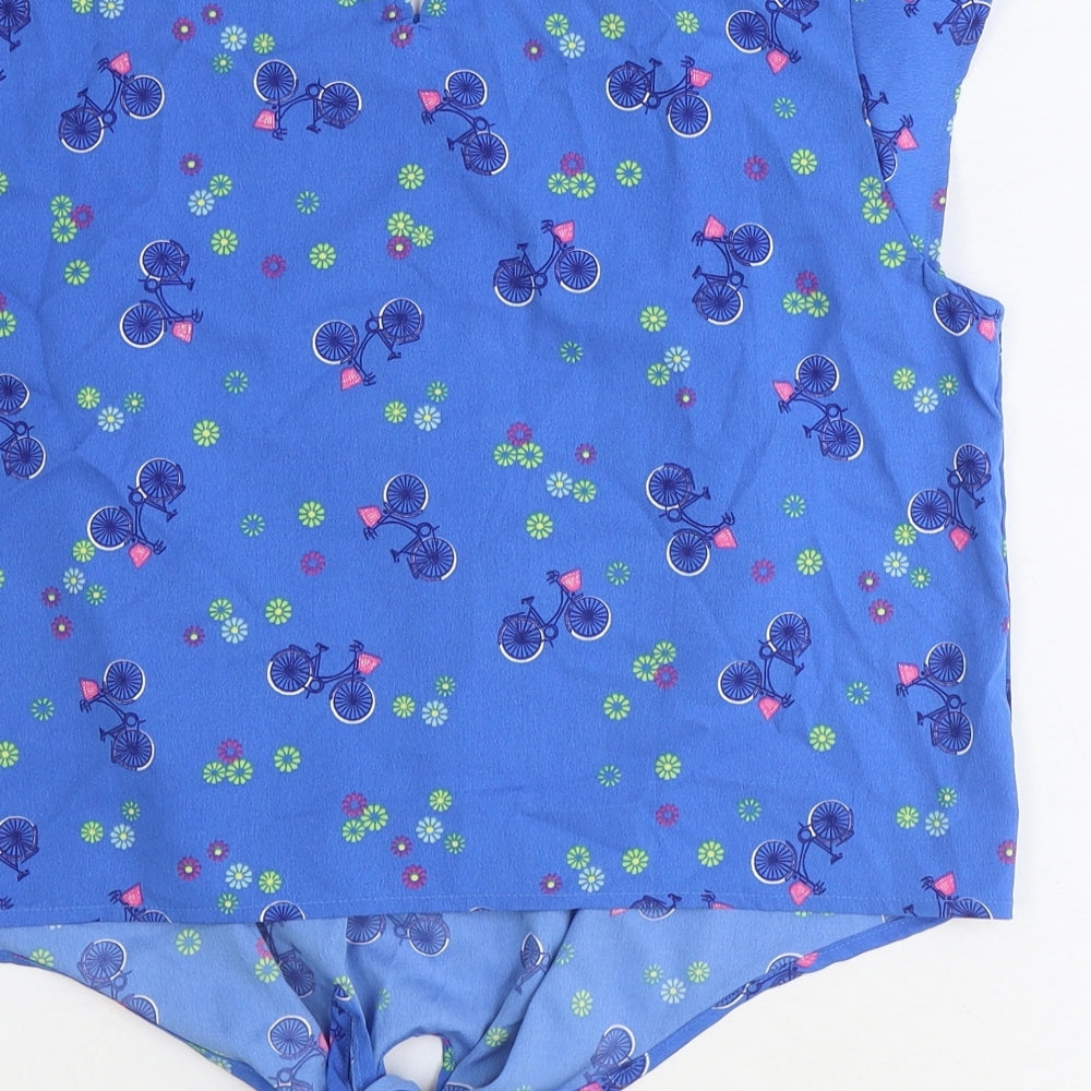 H! By Henry Holland Womens Blue Geometric Polyester Basic T-Shirt Size 10 Scoop Neck - Bicycle Knot Front