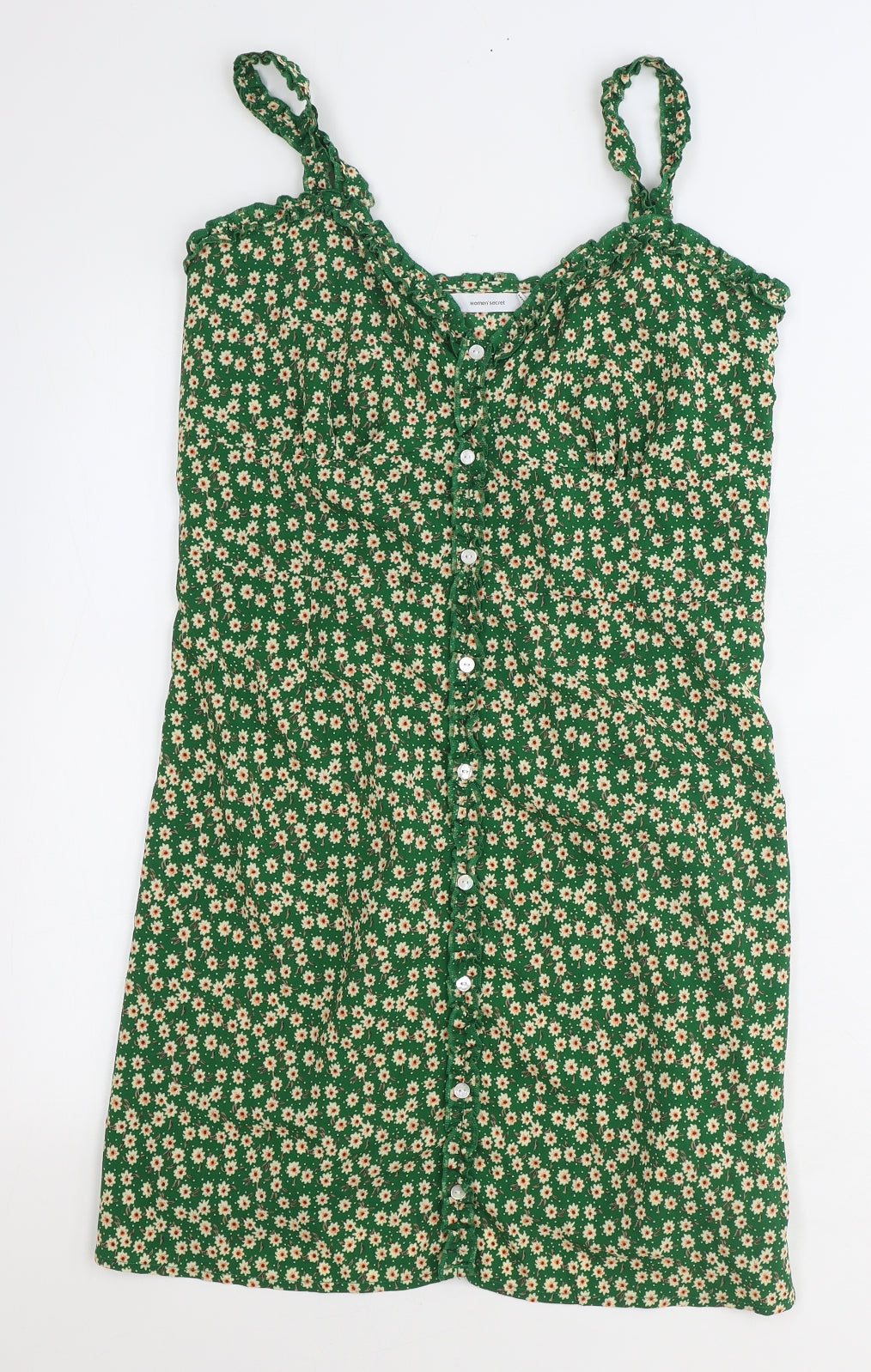 women'secret Womens Green Floral Polyester A-Line Size 12 V-Neck Button