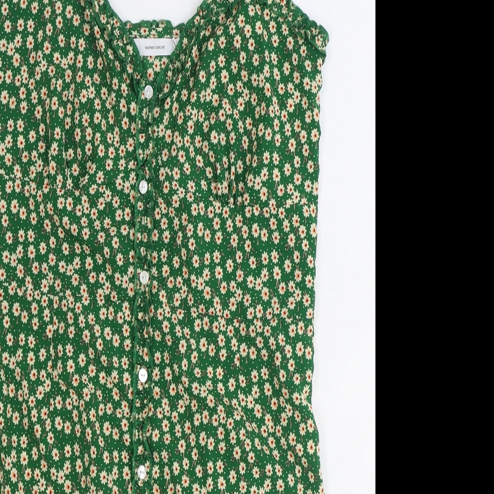 women'secret Womens Green Floral Polyester A-Line Size 12 V-Neck Button
