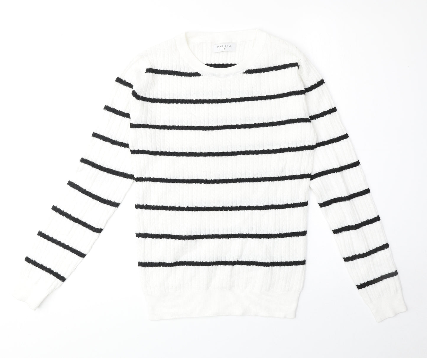 Papaya Womens White Round Neck Striped Polyester Pullover Jumper Size 8