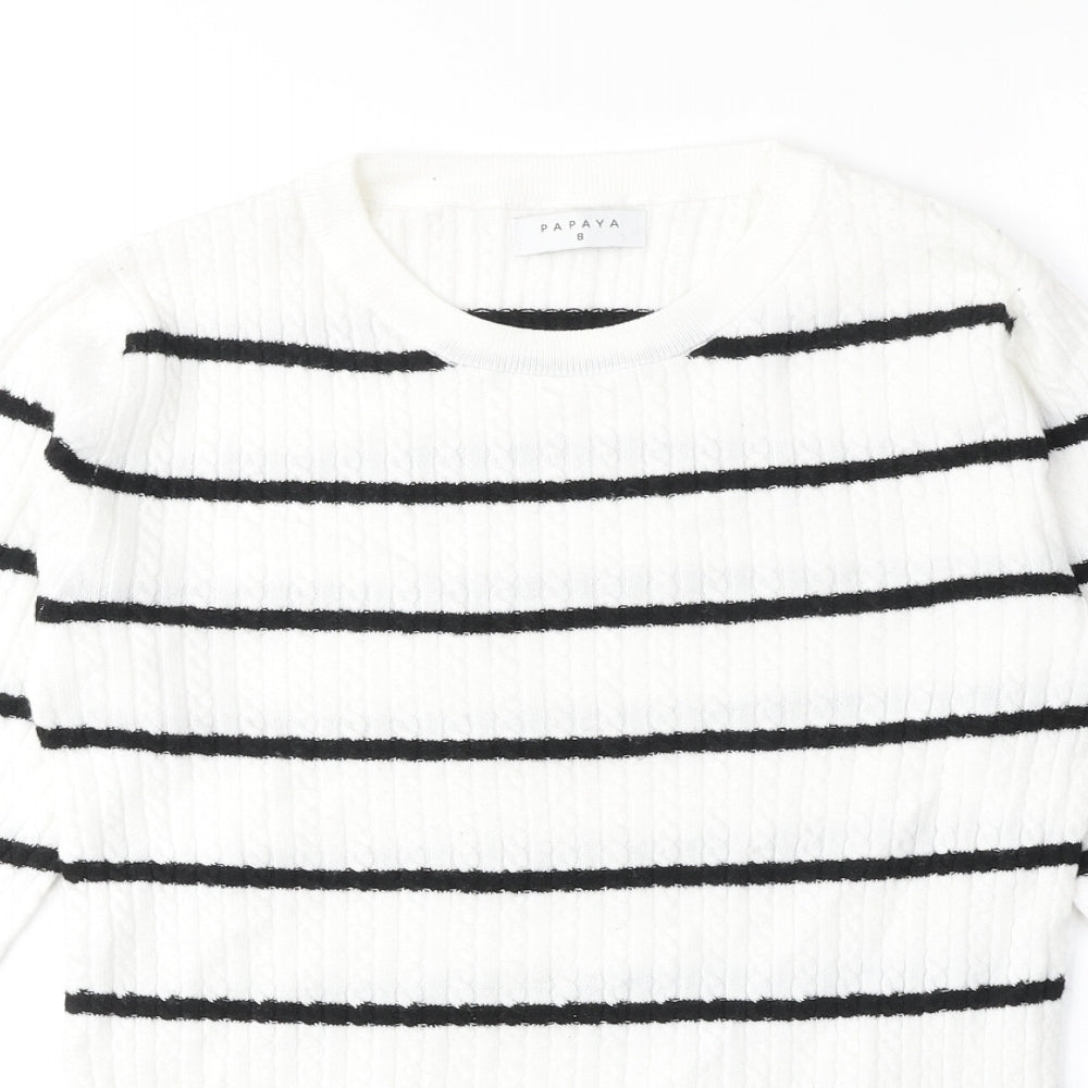 Papaya Womens White Round Neck Striped Polyester Pullover Jumper Size 8