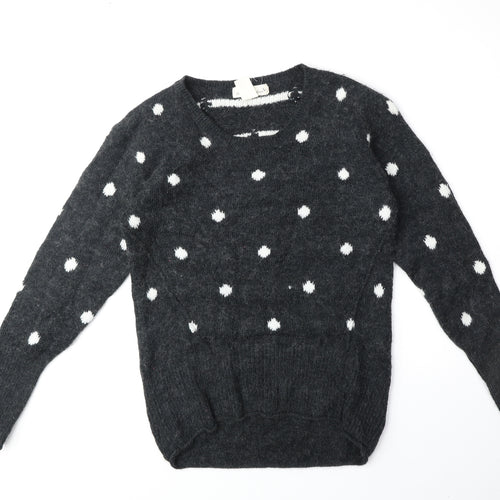 H&M Womens Grey Scoop Neck Polka Dot Acrylic Pullover Jumper Size XS