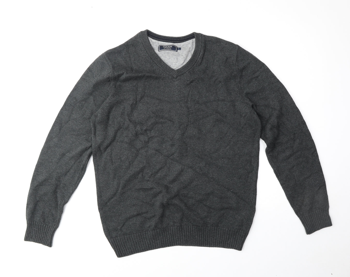 Maine Mens Grey V-Neck Cotton Pullover Jumper Size M