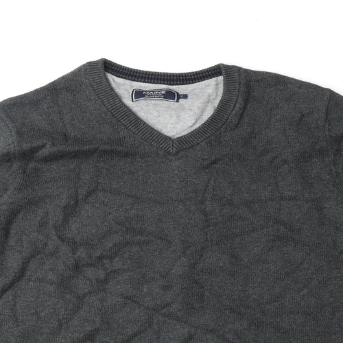 Maine Mens Grey V-Neck Cotton Pullover Jumper Size M