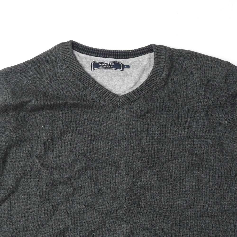 Maine Mens Grey V-Neck Cotton Pullover Jumper Size M