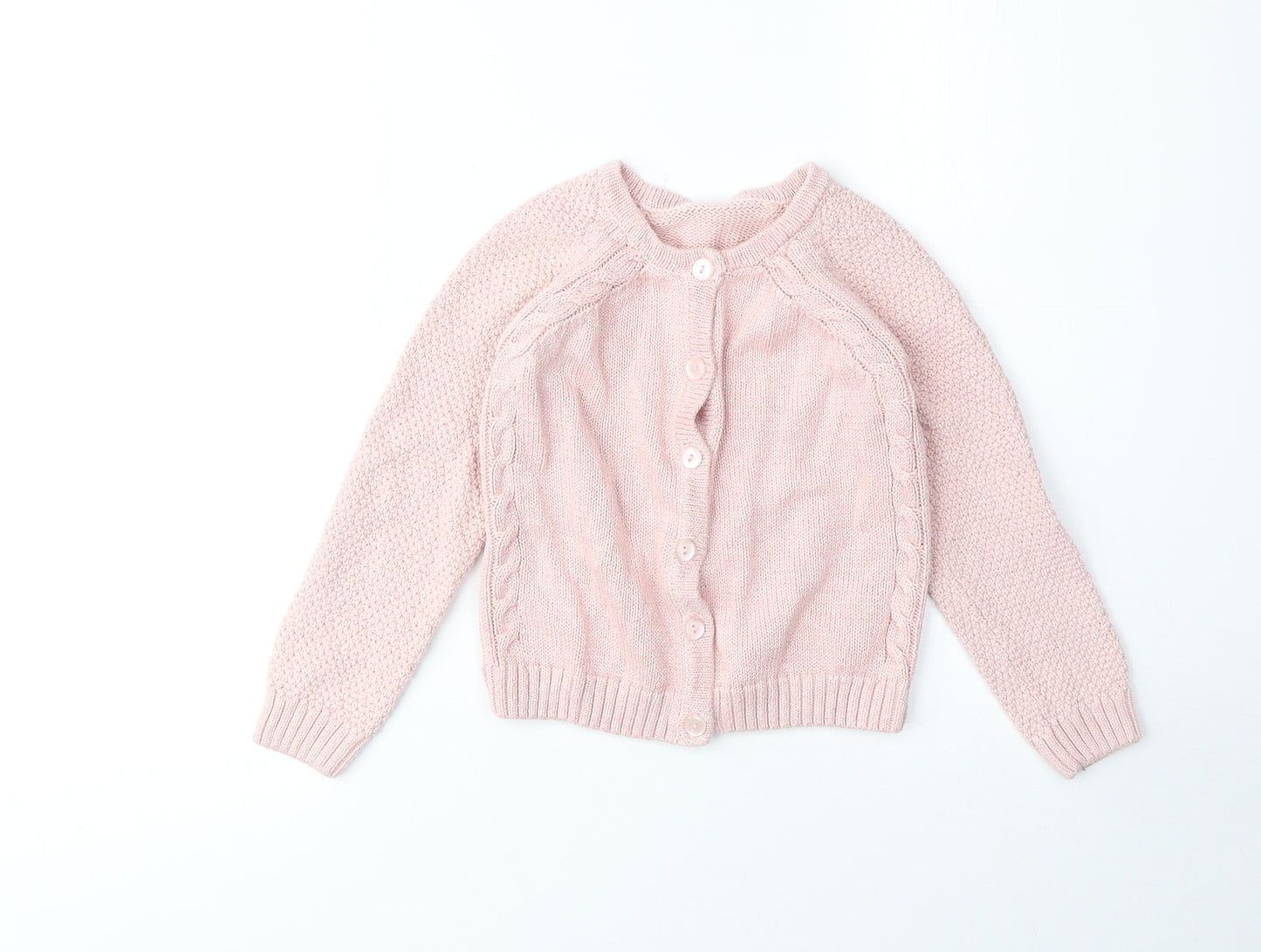 Preworn Girls Pink Round Neck Cotton Cardigan Jumper Size 4-5 Years Button