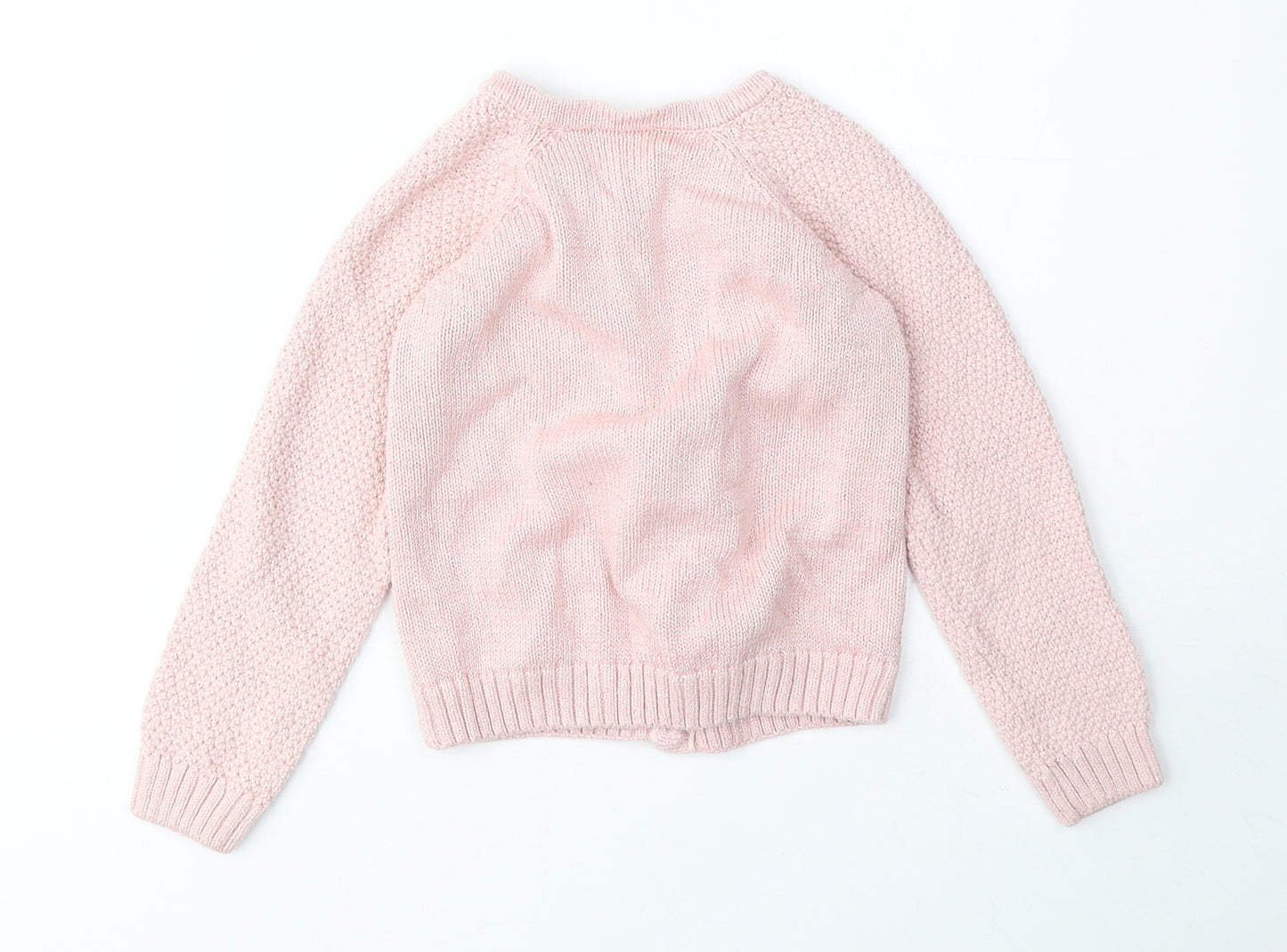 Preworn Girls Pink Round Neck Cotton Cardigan Jumper Size 4-5 Years Button