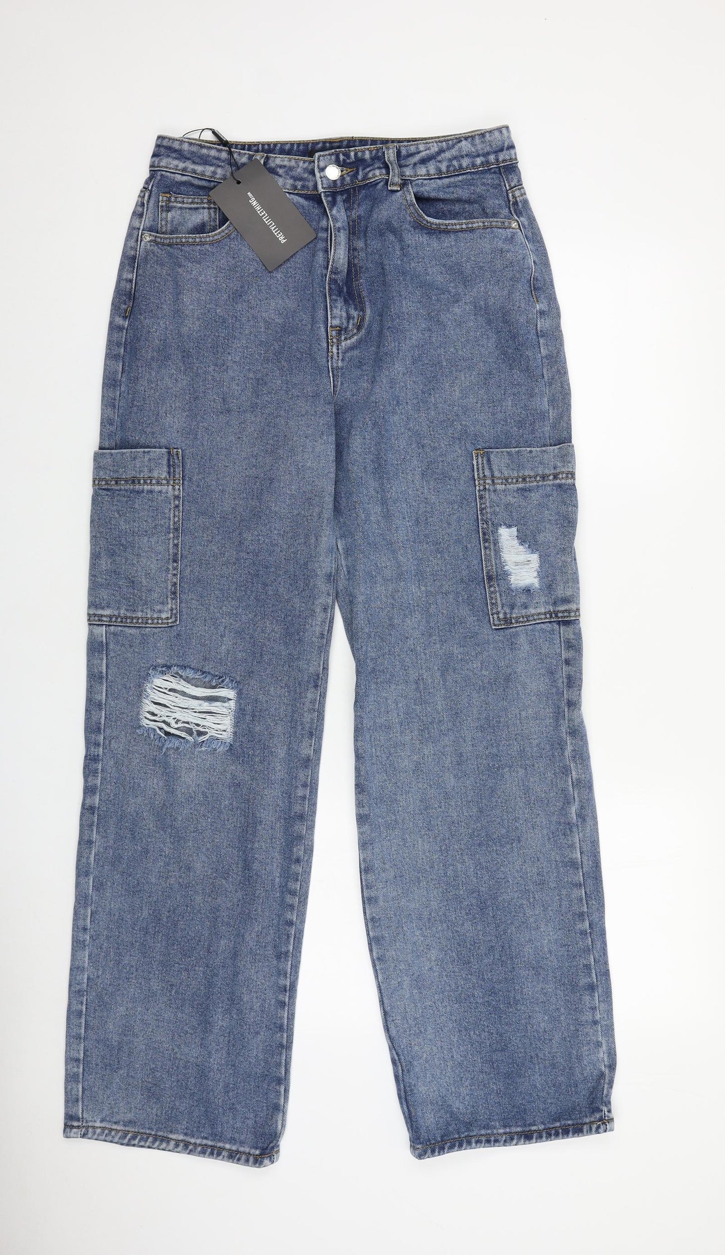PRETTYLITTLETHING Womens Blue Cotton Straight Jeans Size 12 L31 in Regular Zip