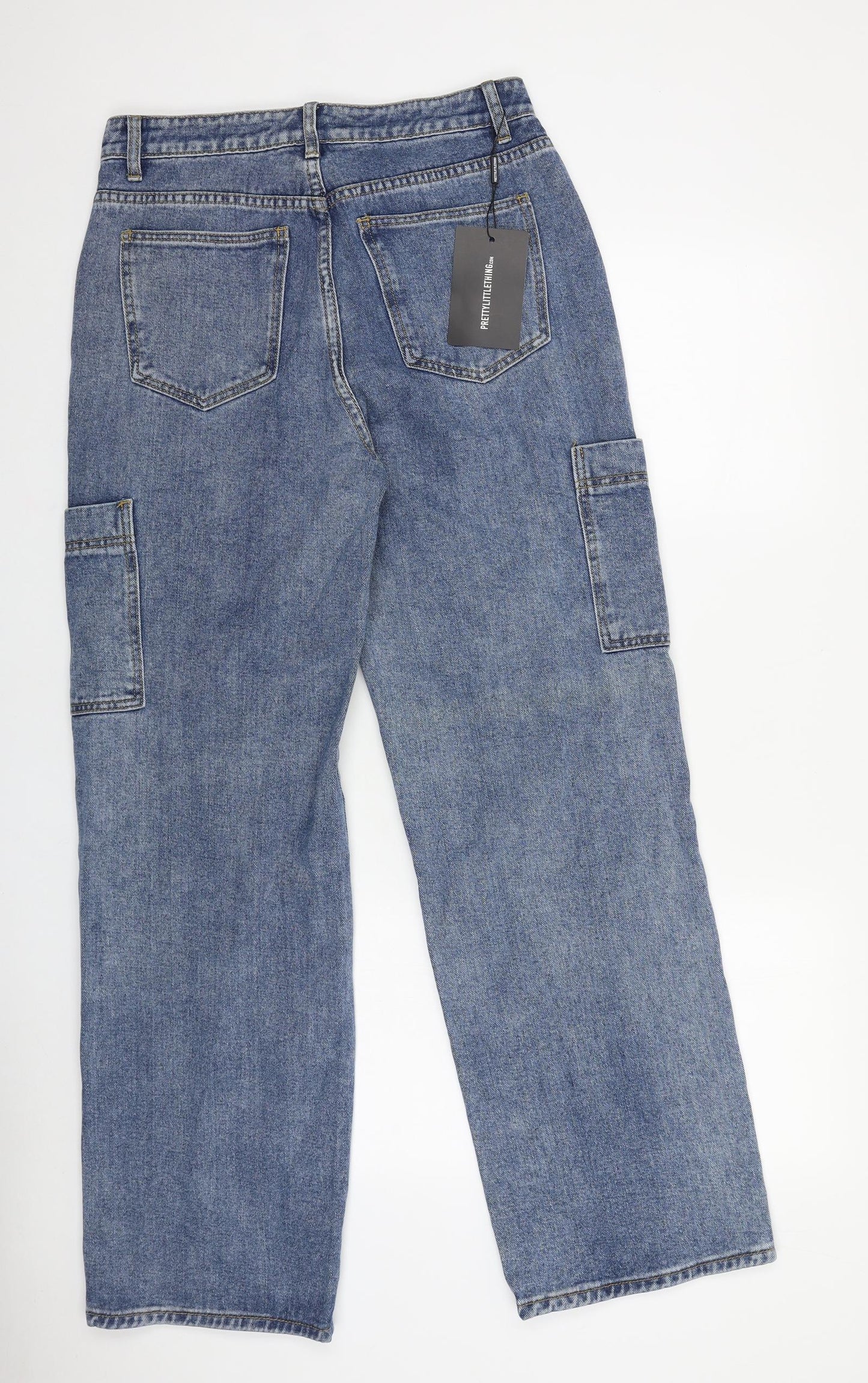 PRETTYLITTLETHING Womens Blue Cotton Straight Jeans Size 12 L31 in Regular Zip