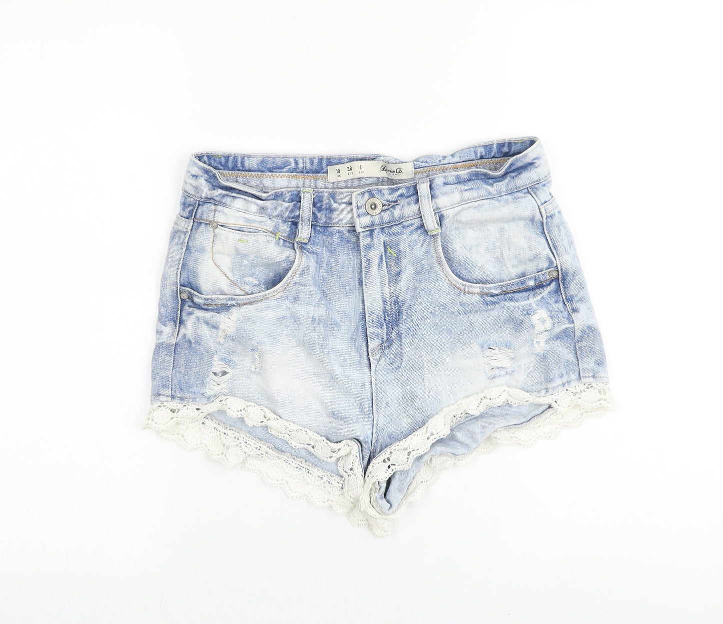 Denim & Co. Womens Blue Cotton Hot Pants Shorts Size 10 Regular Zip - Lace Trim