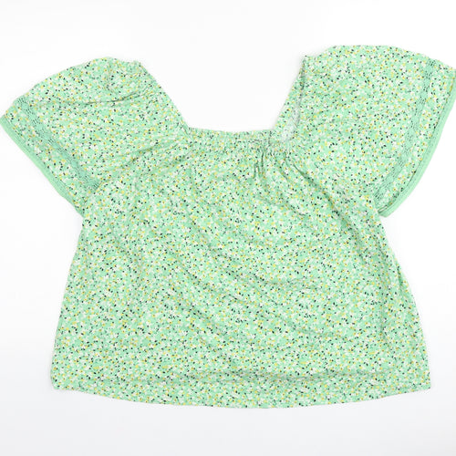 Marks and Spencer Womens Green Floral Viscose Cropped Blouse Size 16 Round Neck