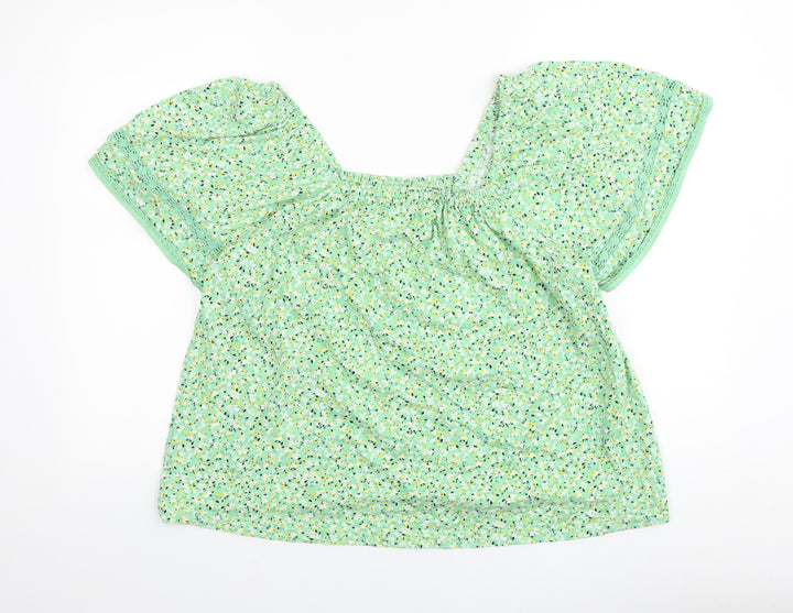 Marks and Spencer Womens Green Floral Viscose Cropped Blouse Size 16 Round Neck