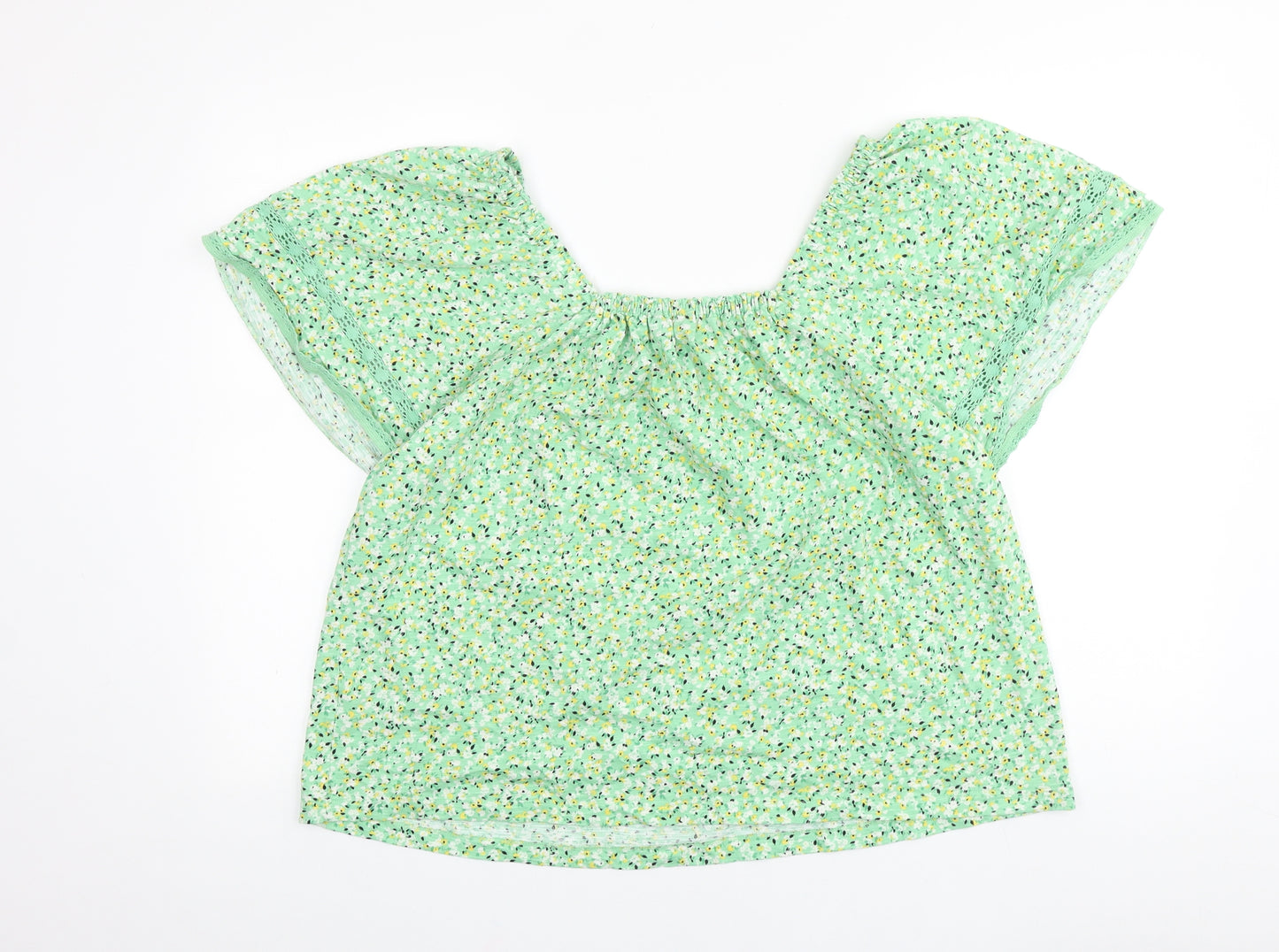 Marks and Spencer Womens Green Floral Viscose Cropped Blouse Size 16 Round Neck