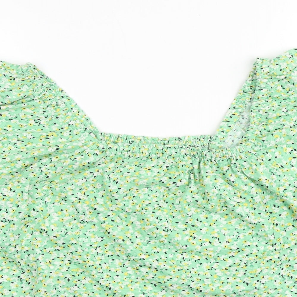 Marks and Spencer Womens Green Floral Viscose Cropped Blouse Size 16 Round Neck