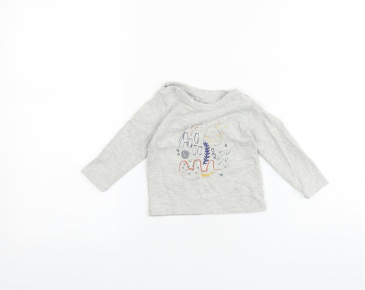 Front view of mamas & papas Grey 100% Cotton Basic T-Shirt, size 3-6, Months Round Neck Snap