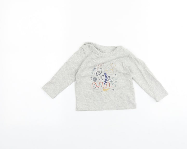 mamas & papas Grey 100% Cotton Basic T-Shirt Size 3-6 Months Round Neck Snap