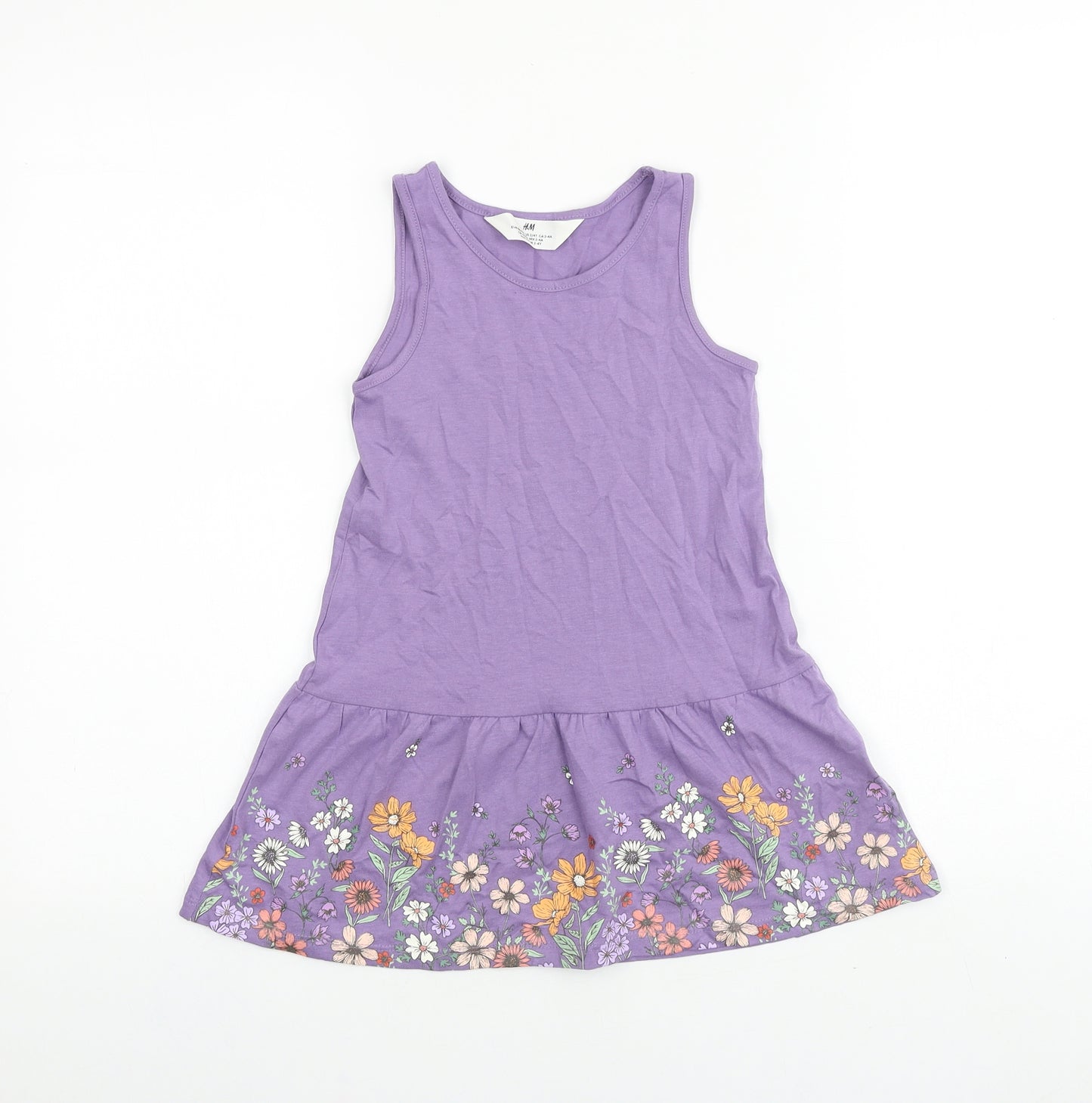 H&M Girls Purple 100% Cotton T-Shirt Dress Size 3-4 Years Round Neck Pullover - Floral