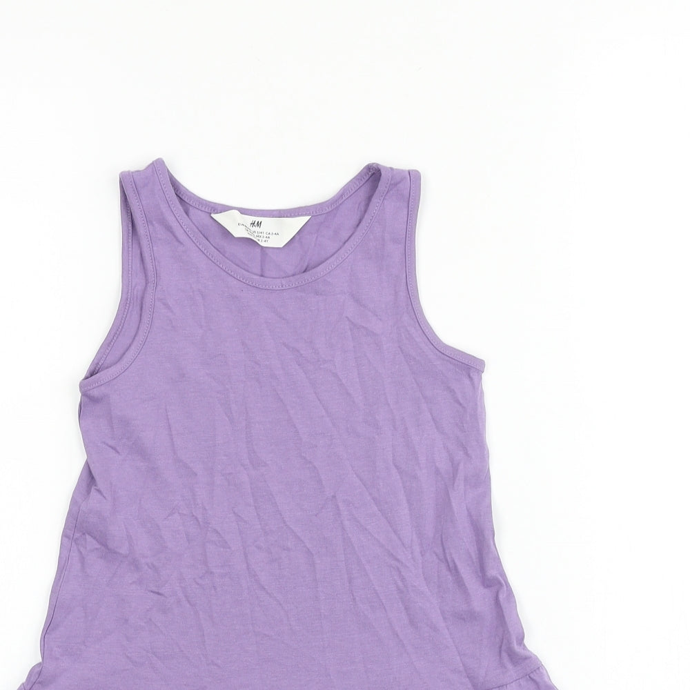 H&M Girls Purple 100% Cotton T-Shirt Dress Size 3-4 Years Round Neck Pullover - Floral