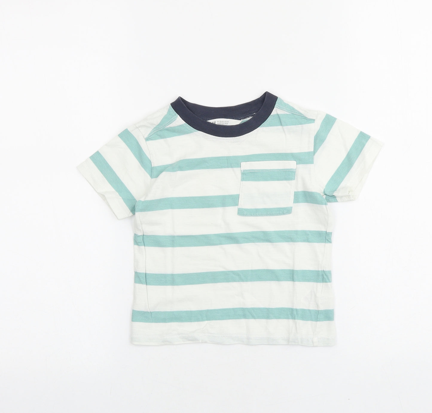 H&M Boys Green Striped 100% Cotton Basic T-Shirt Size 3-4 Years Round Neck Pullover