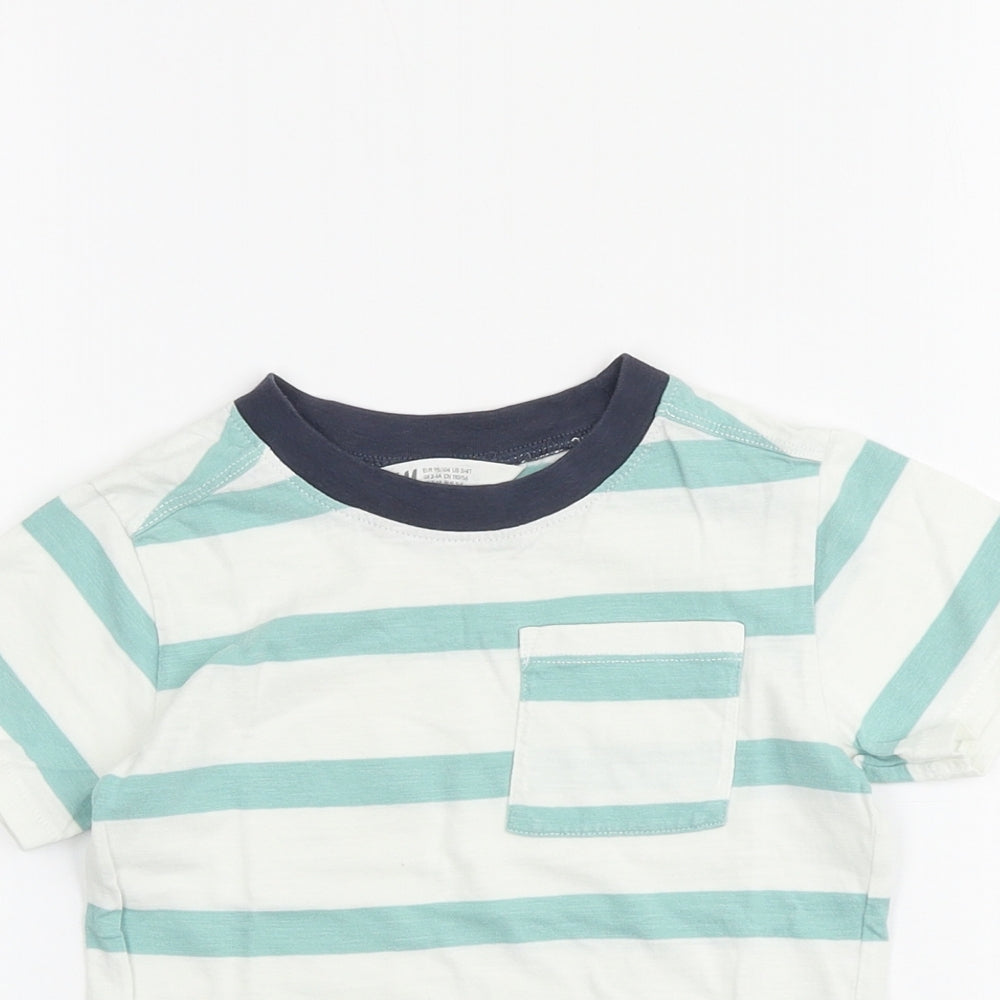 H&M Boys Green Striped 100% Cotton Basic T-Shirt Size 3-4 Years Round Neck Pullover