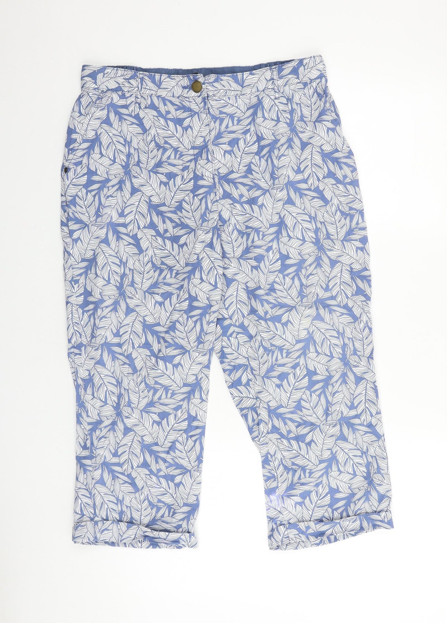 Bonmarché Womens Blue Geometric Cotton Cropped Trousers Size 12 L20 in Regular Zip - Leaf Pattern