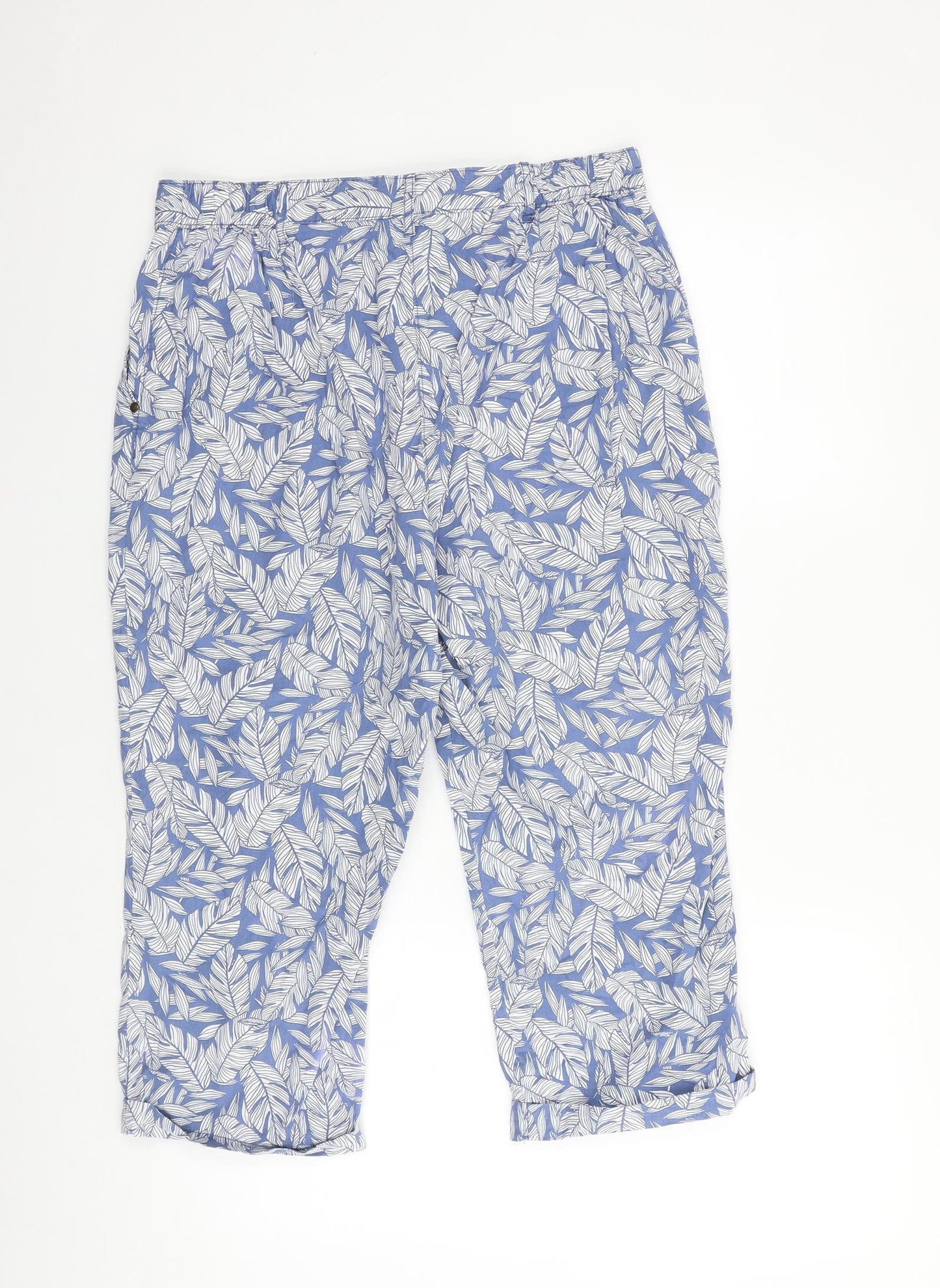 Bonmarché Womens Blue Geometric Cotton Cropped Trousers Size 12 L20 in Regular Zip - Leaf Pattern