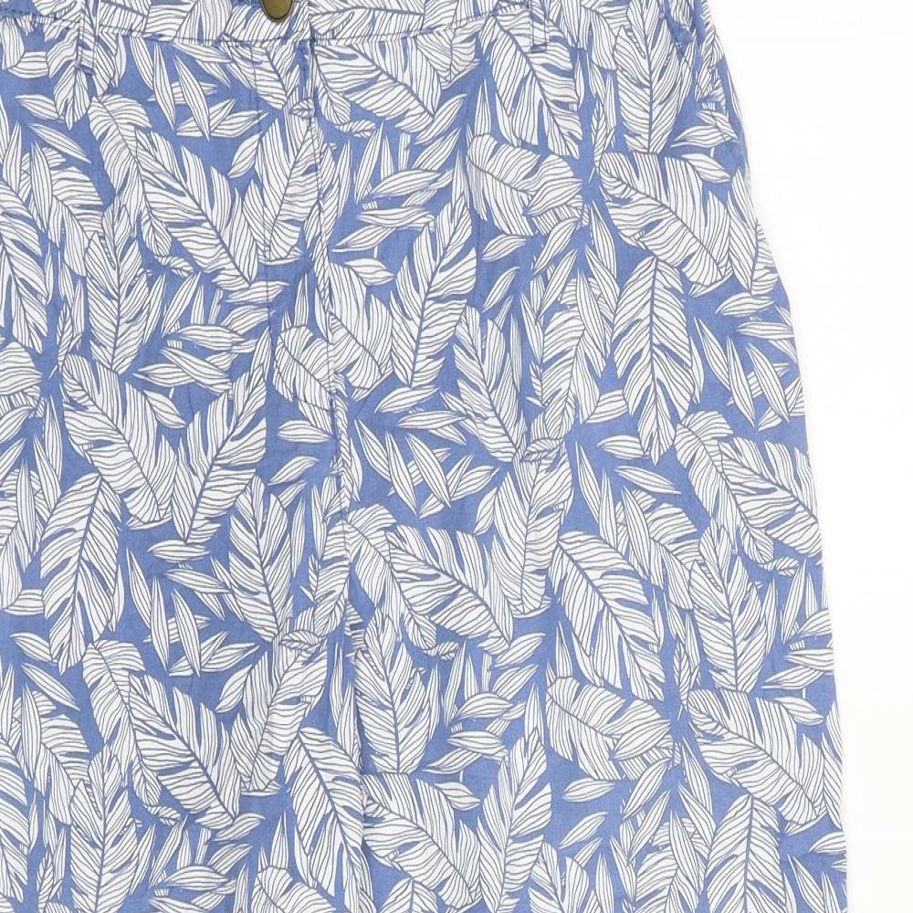 Bonmarché Womens Blue Geometric Cotton Cropped Trousers Size 12 L20 in Regular Zip - Leaf Pattern