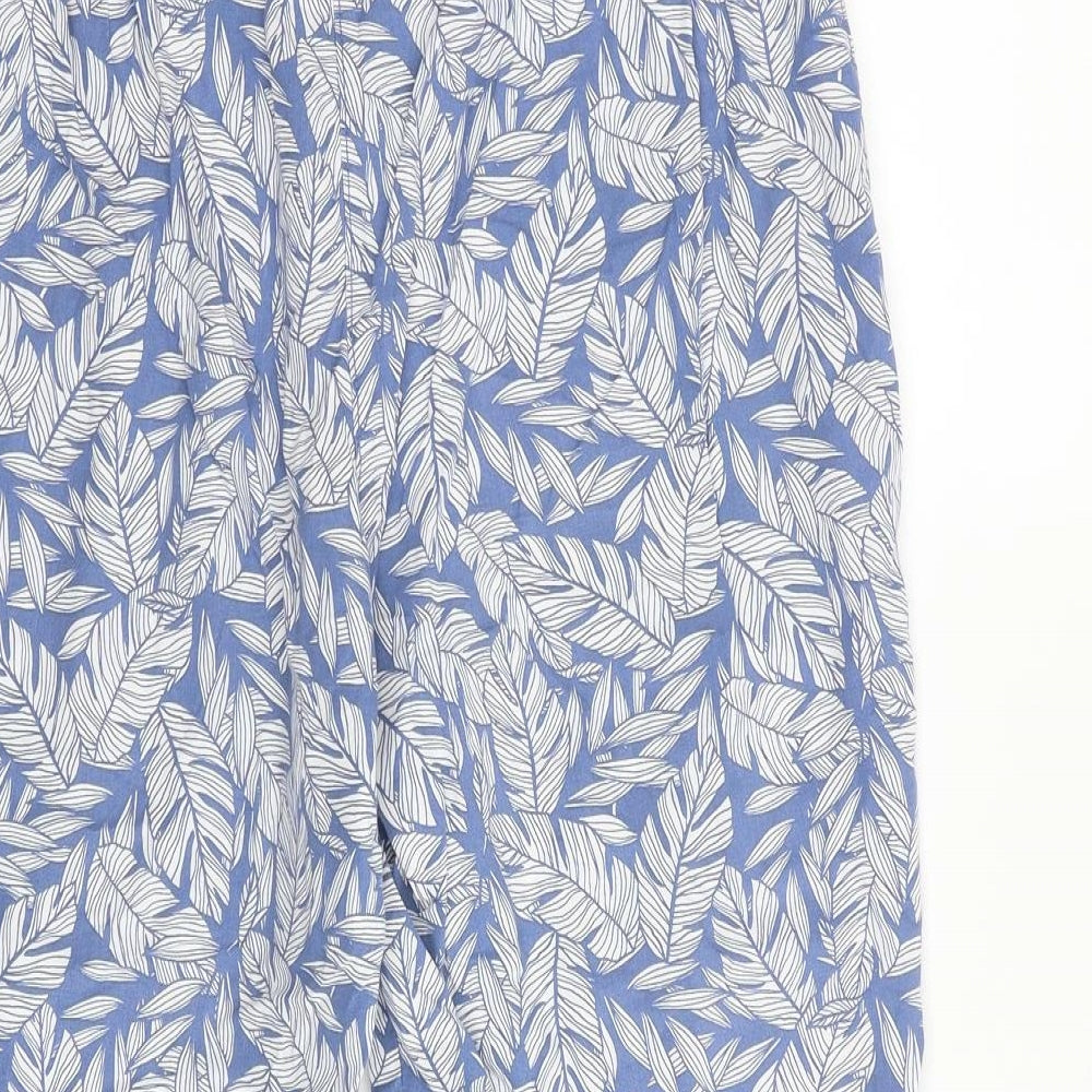 Bonmarché Womens Blue Geometric Cotton Cropped Trousers Size 12 L20 in Regular Zip - Leaf Pattern