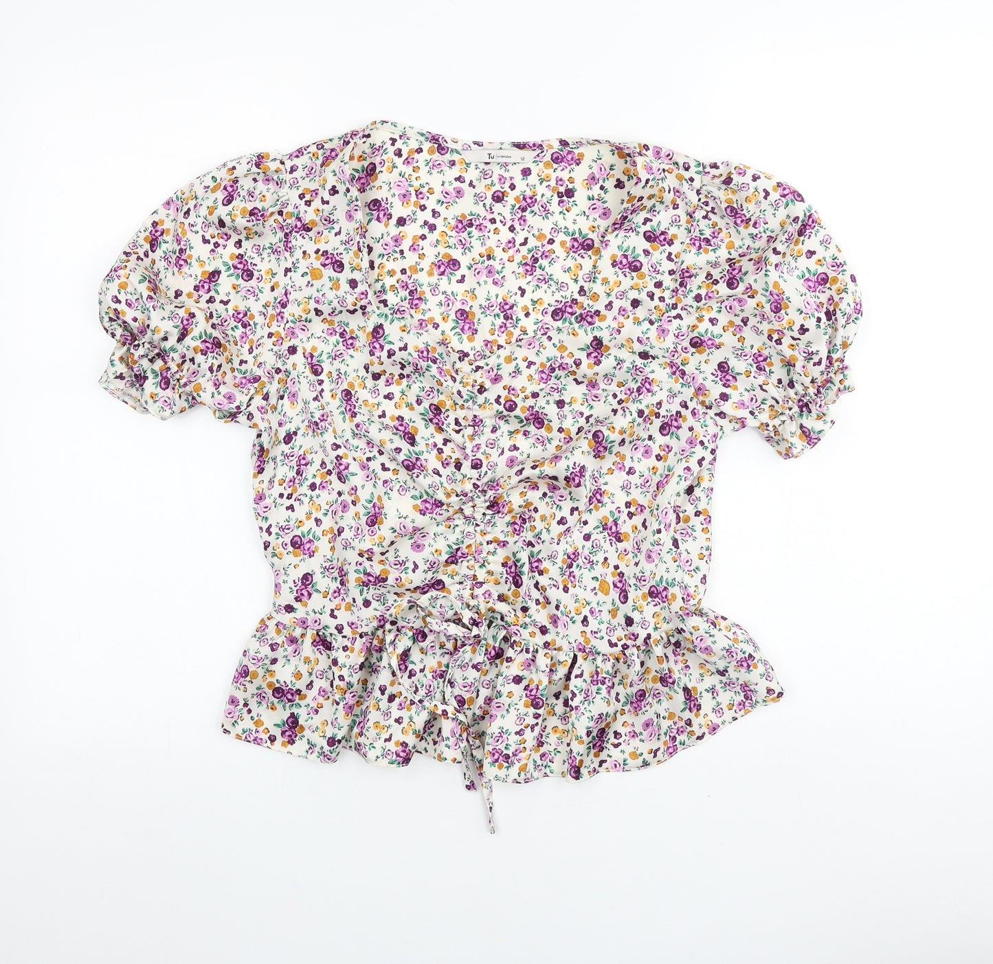 TU Womens Multicoloured Floral Polyester Basic Blouse Size 12 V-Neck - Tie Waist Detail