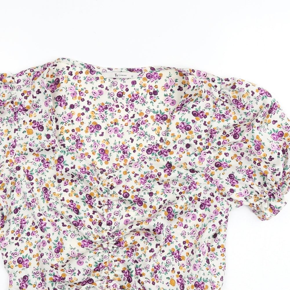 TU Womens Multicoloured Floral Polyester Basic Blouse Size 12 V-Neck - Tie Waist Detail